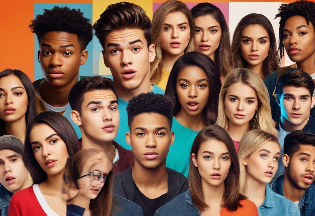 A dynamic collage showcasing a diverse group of young adults captivated by reality television on large screens. Include a blend of excitement and skepticism in their expressions, with elements representing various reality show themes in the background. Capture the contrast between digital distractions and authentic interactions among friends, emphasizing youth culture. vibrant colors. modern collage style.