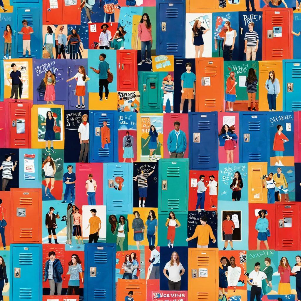 A vibrant collage showcasing iconic elements from popular teenage shows like lockers, dramatic monologues, and dreamlike landscapes merging into each other, with characters in various emotional poses, reflecting aspiration and cultural impact. The backdrop transitions from a high school environment to fantastical dreamscapes filled with bright colors and whimsical shapes. super-realistic. vibrant colors. dynamic composition.