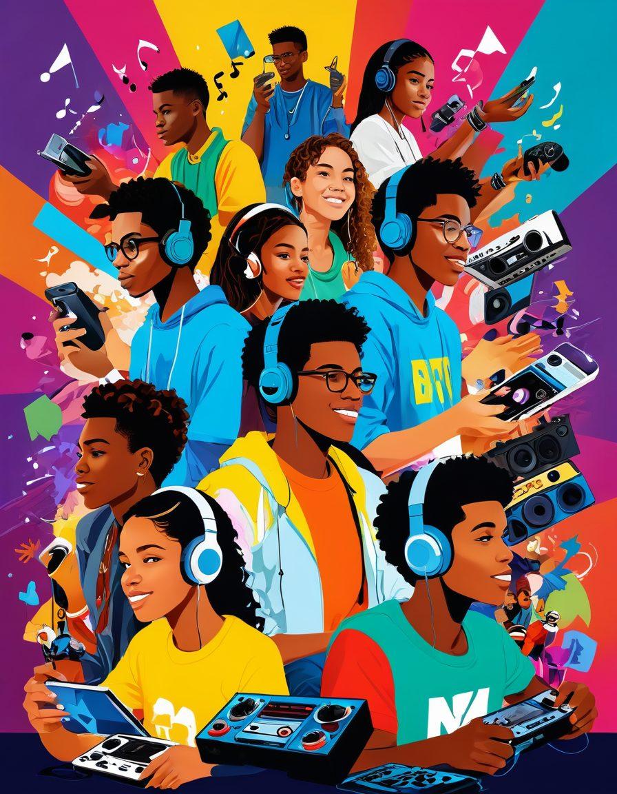 A vibrant collage of diverse teenagers engaging in various forms of entertainment, such as gaming, streaming, and social media, surrounded by symbolic elements representing their interests like music notes, film reels, and gaming controllers. The backdrop features a colorful urban landscape that reflects the dynamic world of youth culture. Emphasize inclusivity and joy in their expressions. bright colors. modern illustration. dynamic composition.